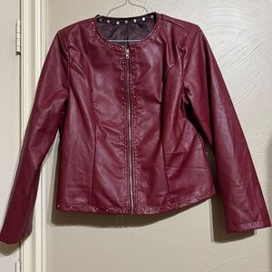 Women’s Faux-Leather Maroon Crew-Neck Long-Sleeve Studded Jacket